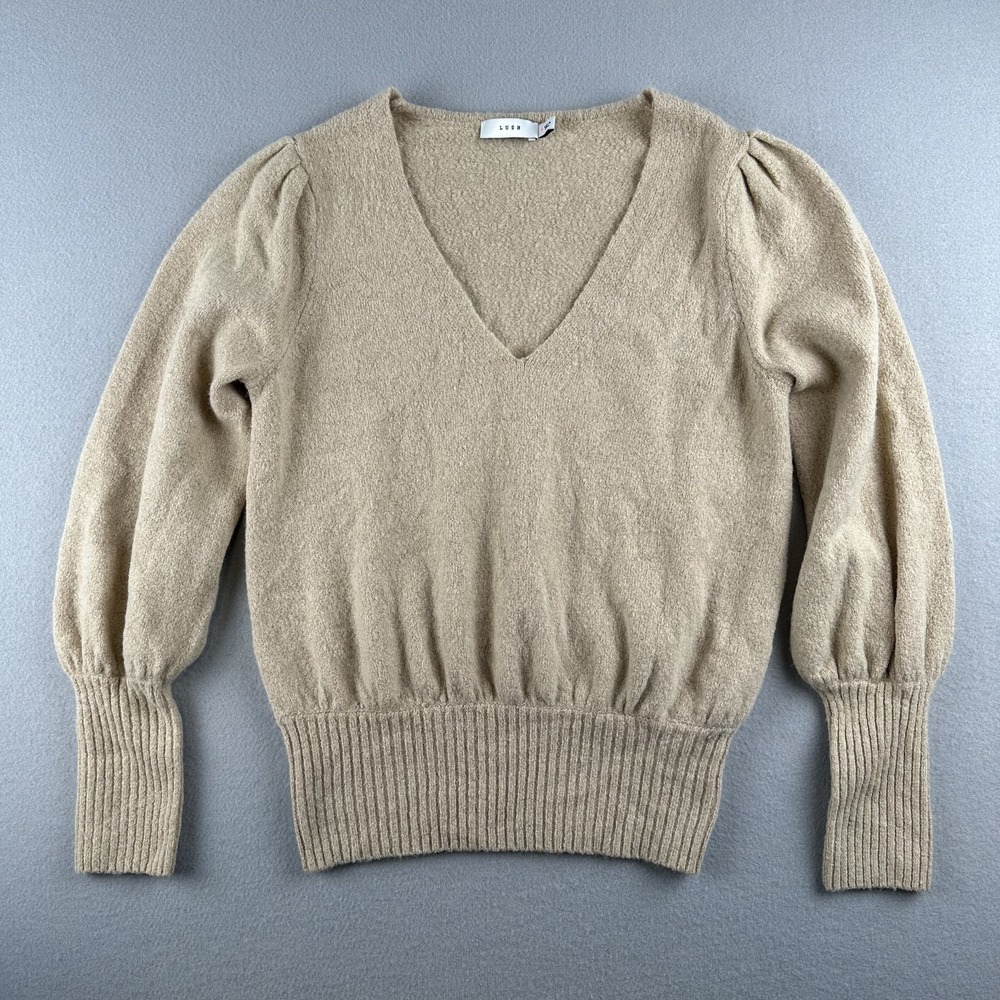 LUSH Women's Beige V Neck Sweater Taupe Knit Size Small